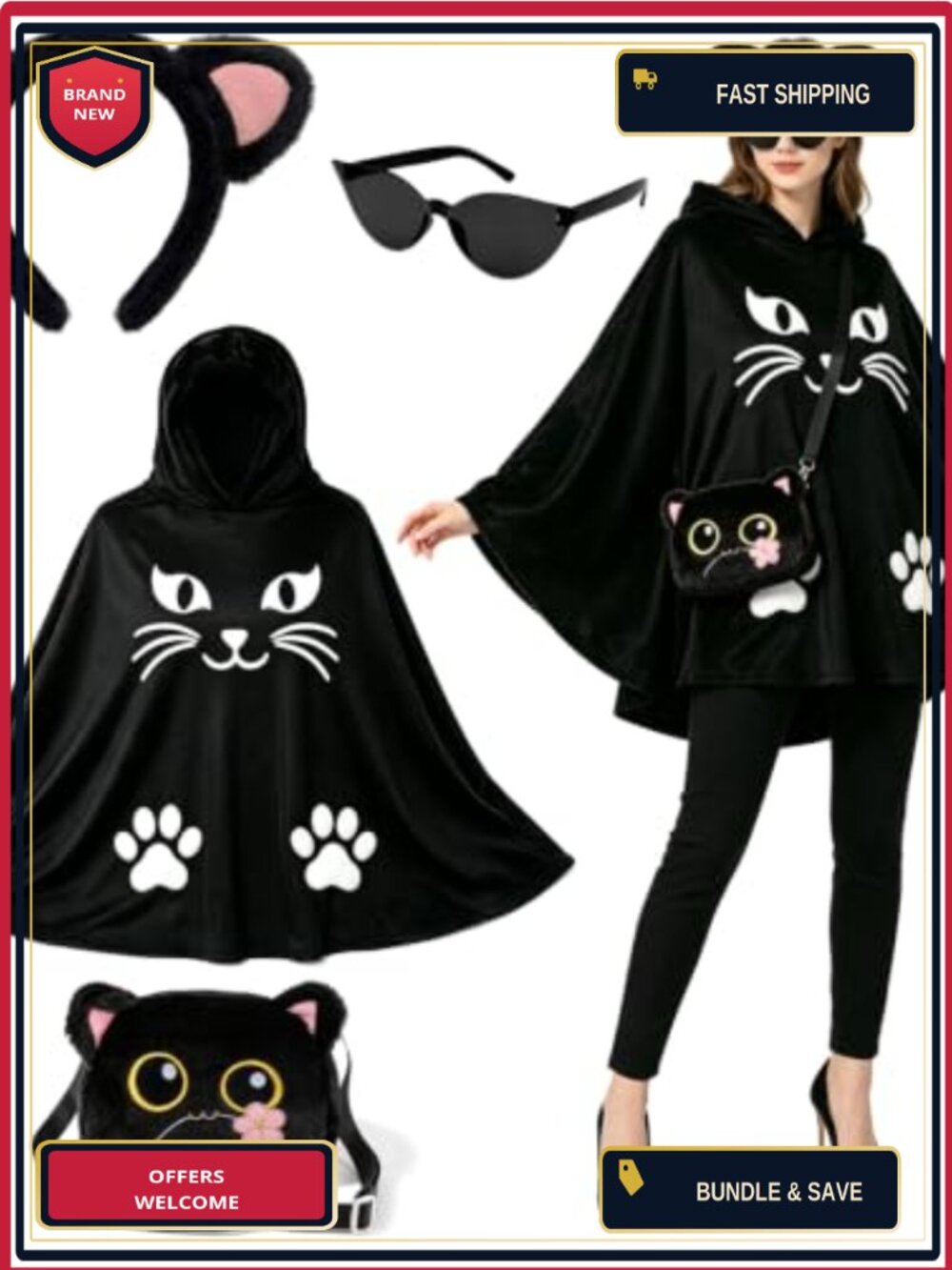 Cat Costume Set Hooded Cape Cat Ears Headband Crossbody Bag Halloween Poncho